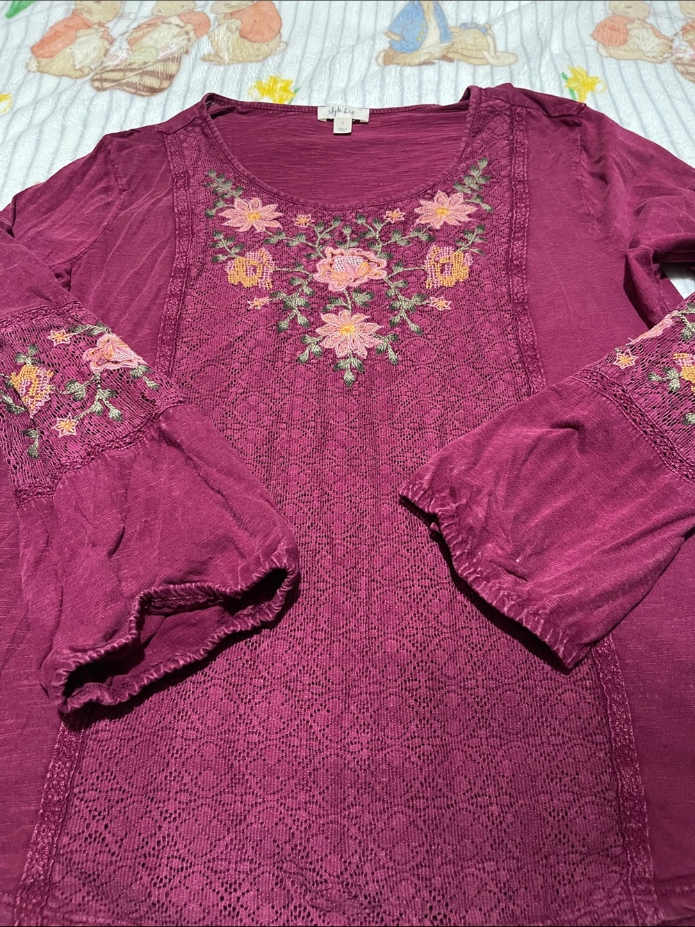 Style & Co. Embroidered Berry Lace-Front Long Sleeve Top